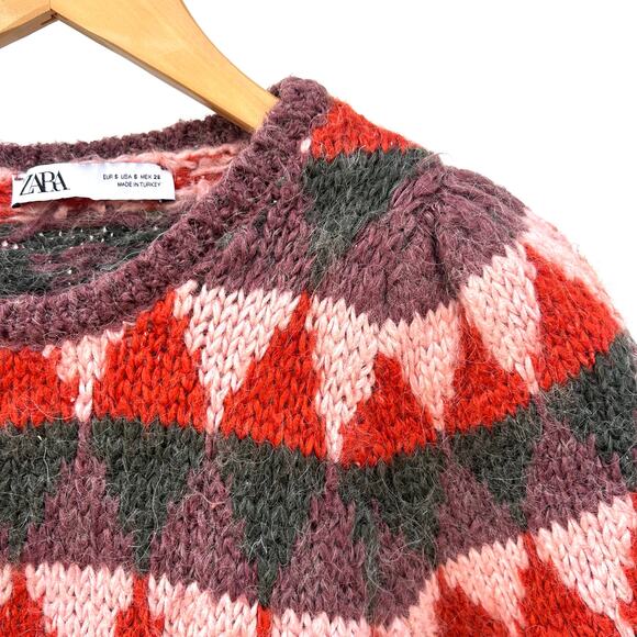 Zara Puff Shoulder Mohair Sweater Small Purple Patterned Holiday Pullover - Picture 6 of 10